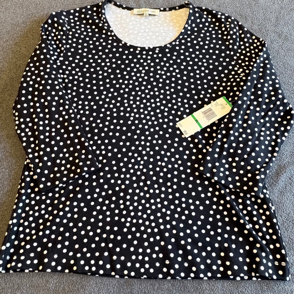 Jones New York Sport Petite Black White Polka Dot 3/4 Sleeve Top PL NWT